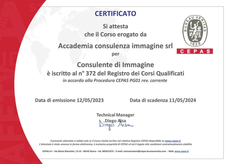 Accademia certificato cepas 372 consulente di immagine